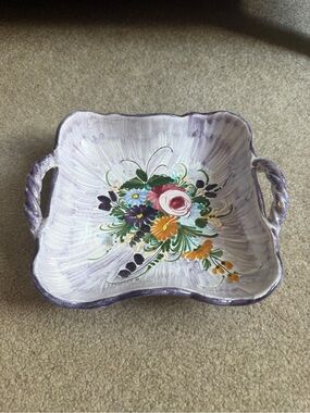 Vintage Signed Castelli Hand Painted Ceramic Floral Serving Bowl Tray 9"